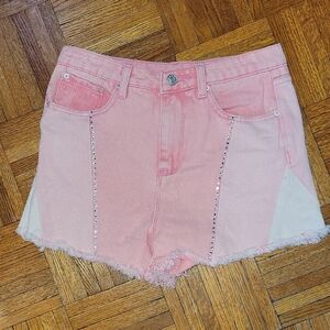 Blue b. Pink Colorblock Denim High-Waist Rhinestone Frayed Shorts Size Small